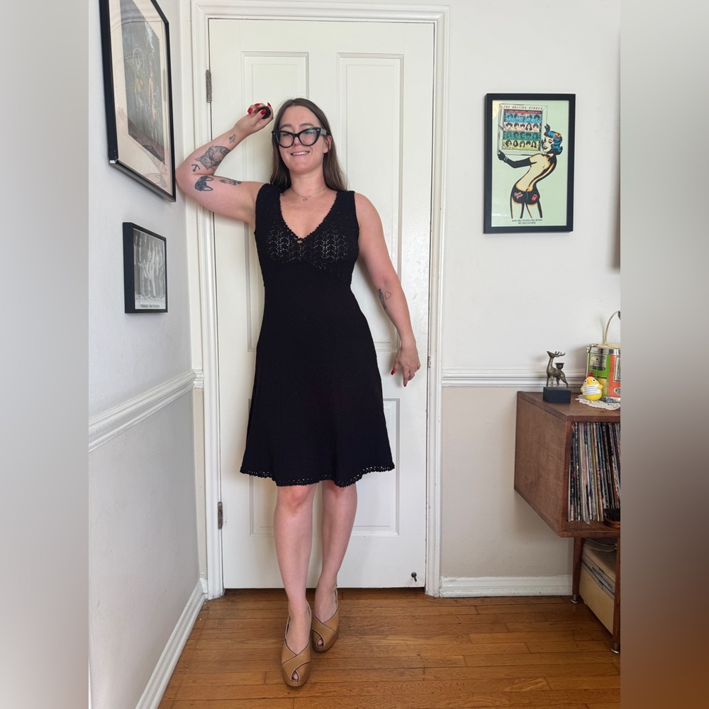 70s Vintage Picardo Knits Black Crochet A Line Dress